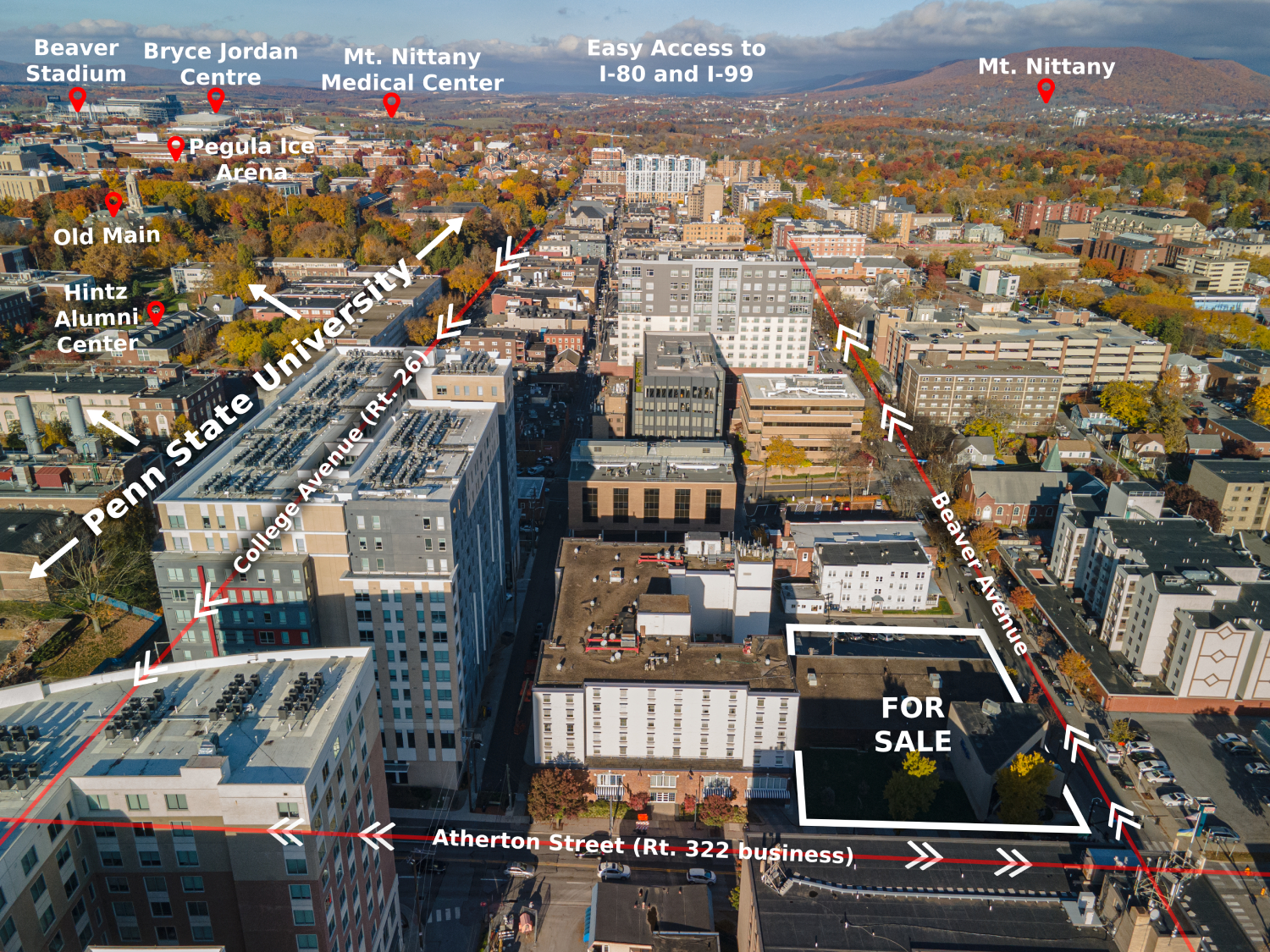 Drone photo of 321 W Beaver Ave, State College showing streets and points of interest